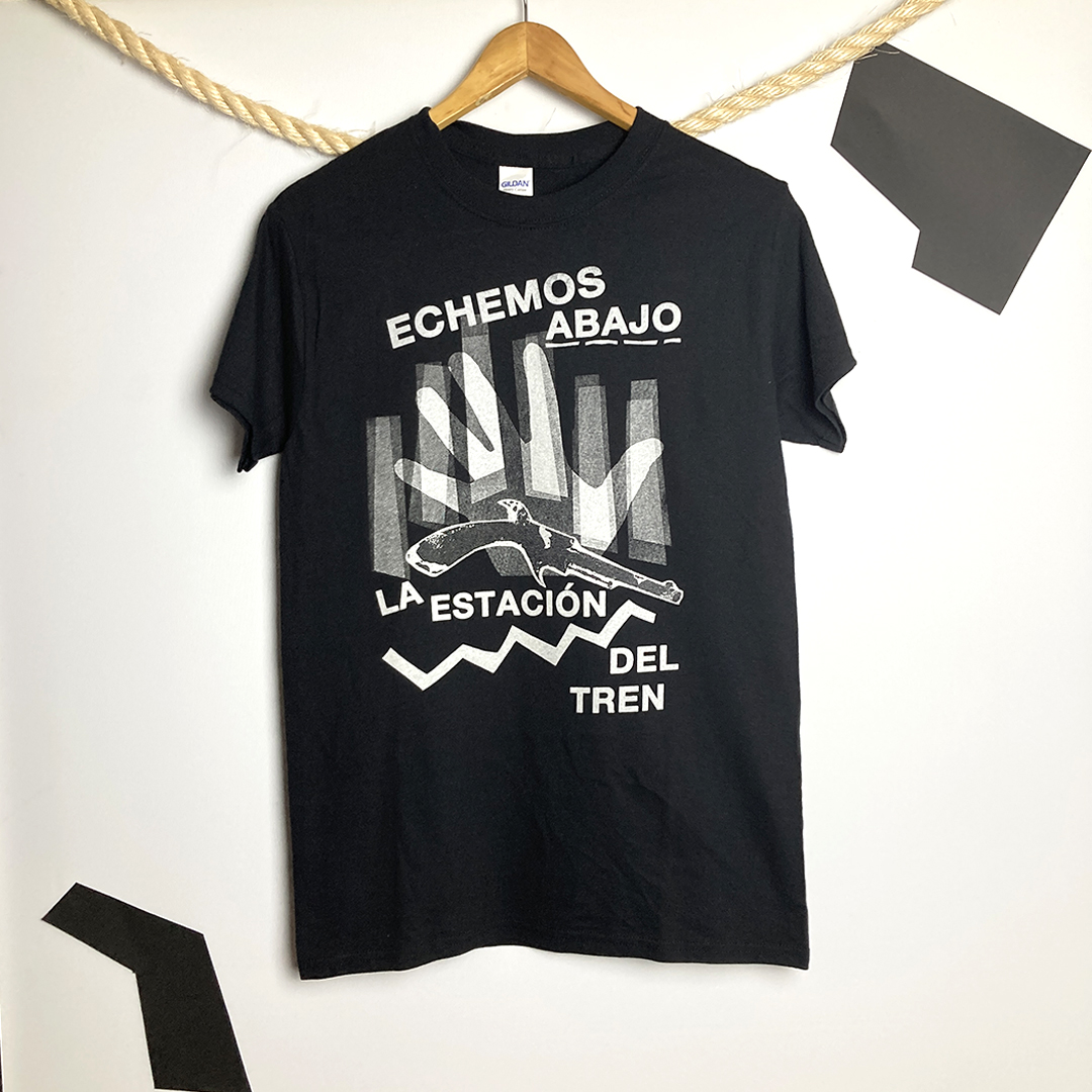 Front view of the tearjerker silkscreen DIY t-shirt featuring Los Saicos classic "Demolición" lyrics.