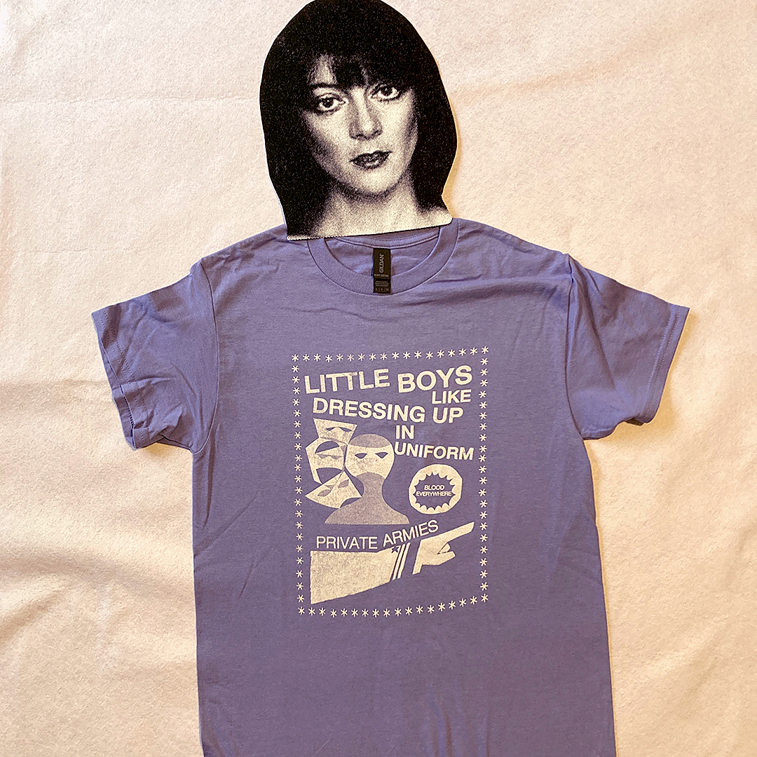 Front view of the tearjerker silkscreen DIY t-shirt featuring Vivien Goldman's post-punk / dub classic "Private Armies" graphic.