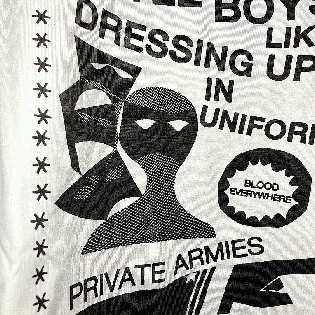 Front view of the tearjerker silkscreen DIY t-shirt featuring Vivien Goldman's post-punk / dub classic "Private Armies" graphic.