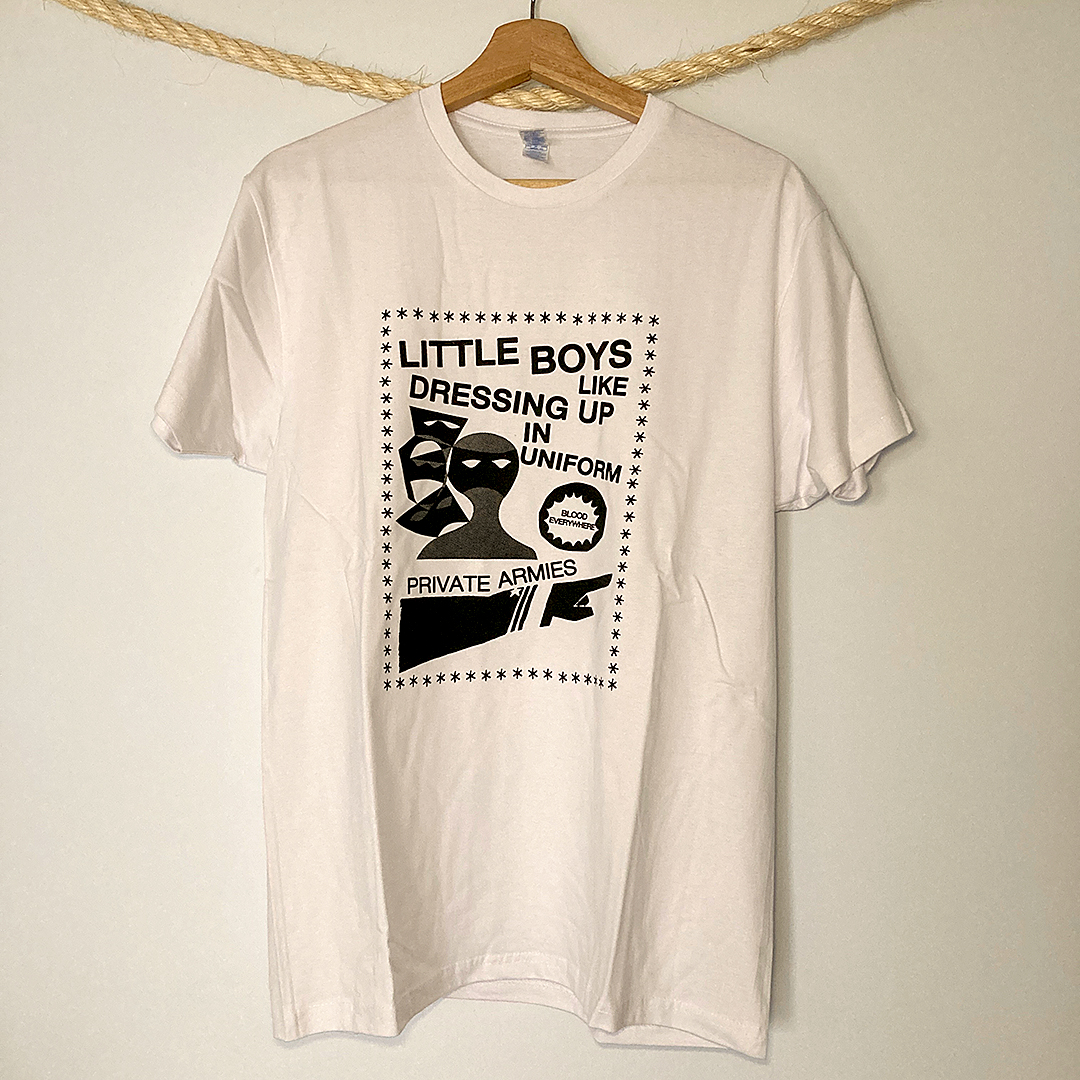 Front view of the tearjerker silkscreen DIY t-shirt featuring Vivien Goldman's post-punk / dub classic "Private Armies" graphic.