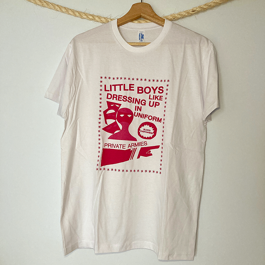 Front view of the tearjerker silkscreen DIY t-shirt featuring Vivien Goldman's post-punk / dub classic "Private Armies" graphic.