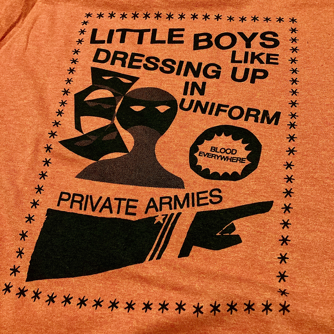 Design view of the tearjerker silkscreen DIY t-shirt featuring Vivien Goldman's post-punk / dub classic "Private Armies" graphic.