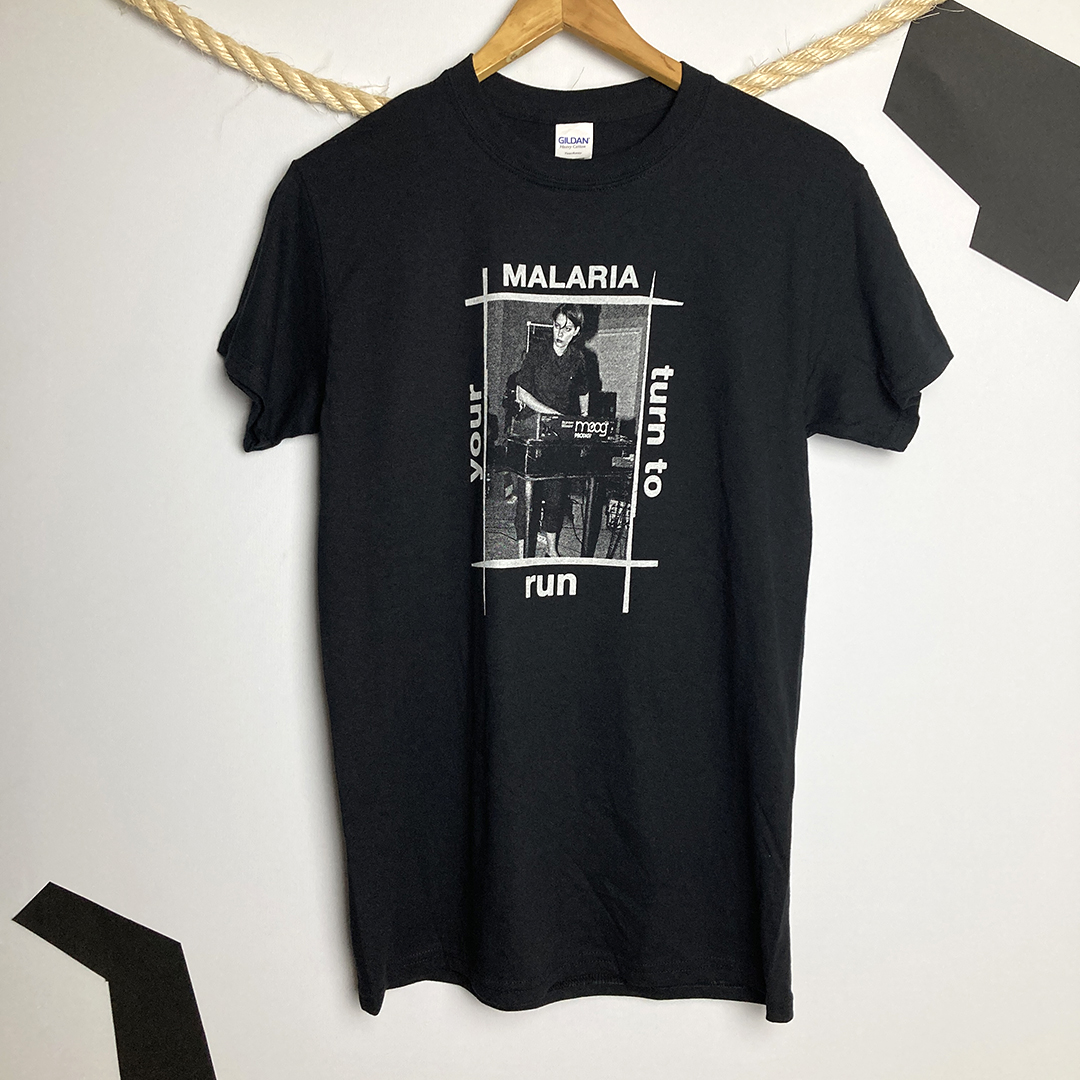 Front view of the tearjerker silkscreen DIY t-shirt "Your Turn to Run" by German post-punk supergroup Malaria!
