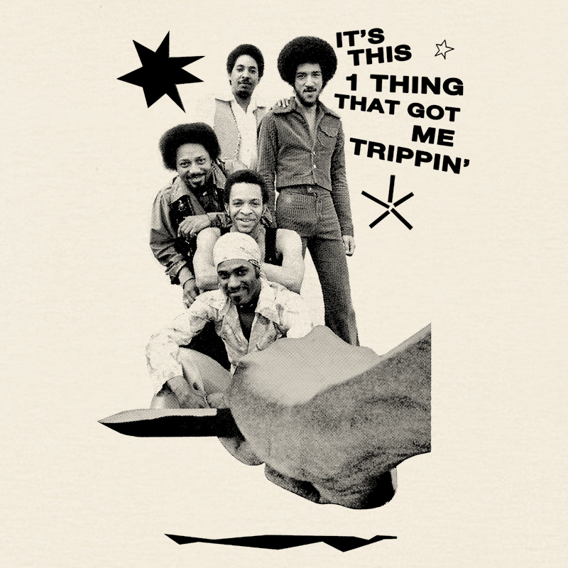 design of the tearjerker silkscreen DIY t-shirt of "1 Thing" sampled from 70s Funk band The Meters.