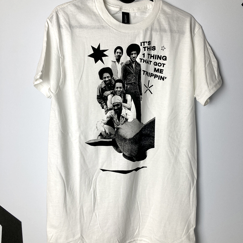 Front view of the tearjerker silkscreen DIY t-shirt of "1 Thing" sampled from 70s Funk band The Meters.