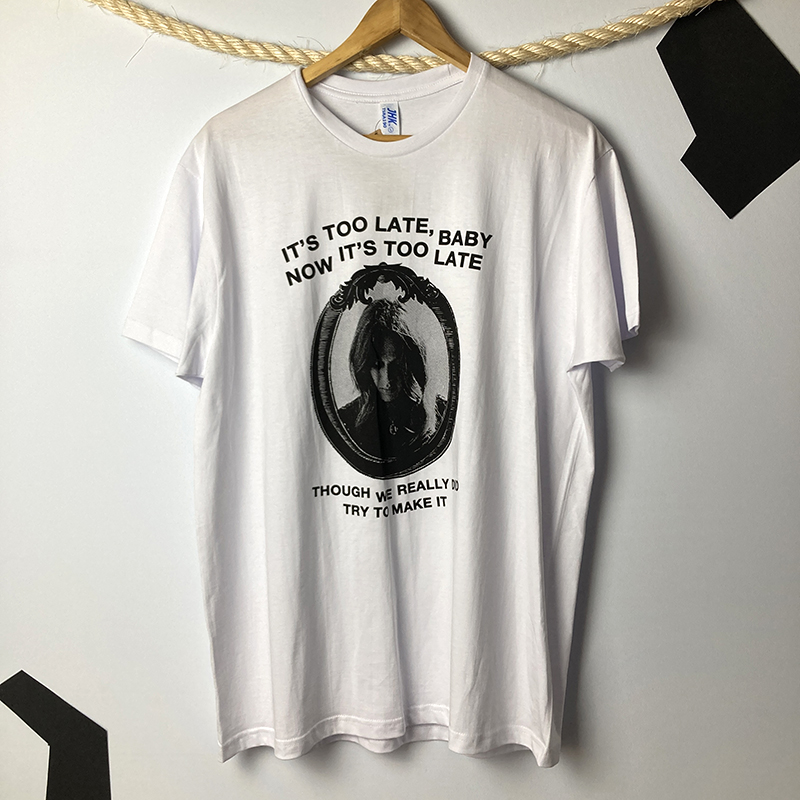 Front view of the tearjerker silkscreen DIY t-shirt featuring Carole King classic "It's Too Late" lyrics.