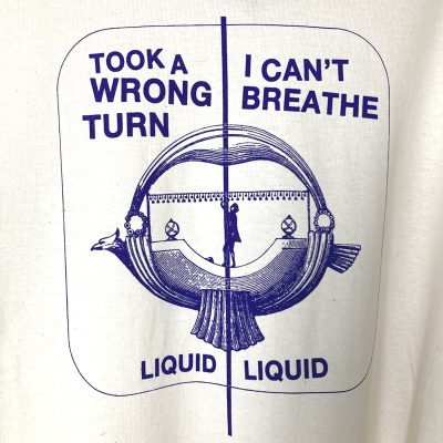 Front view of the tearjerker silkscreen DIY t-shirt of "Optimo" from No Wave band Liquid Liquid.