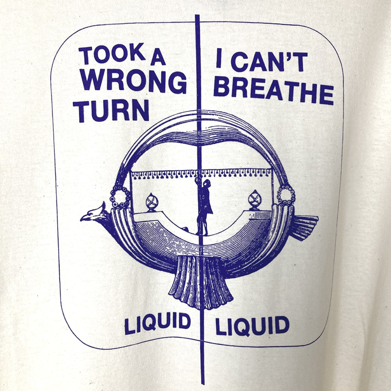 Front view of the tearjerker silkscreen DIY t-shirt of "Optimo" from No Wave band Liquid Liquid.