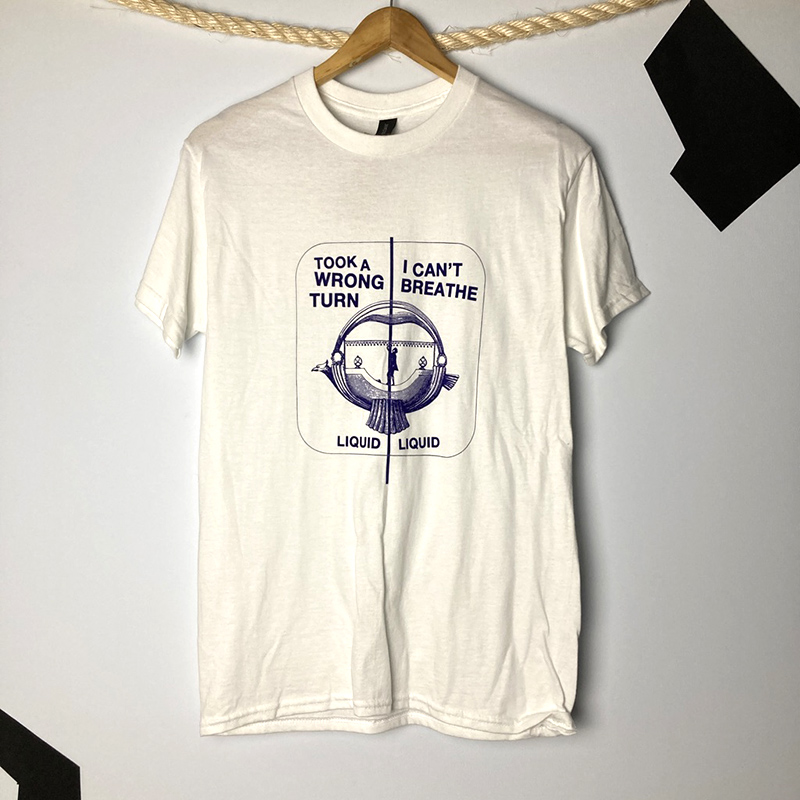 Front view of the tearjerker silkscreen DIY t-shirt of "Optimo" from No Wave band Liquid Liquid.