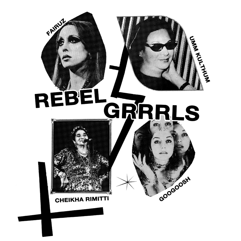Design of the tearjerker screen printed DIY t-shirt featuring Fairuz, Umm Kulthum, Cheikha Rimitti and Googoosh with riot grrrl anthem from Bikini Kill, Rebel Girl