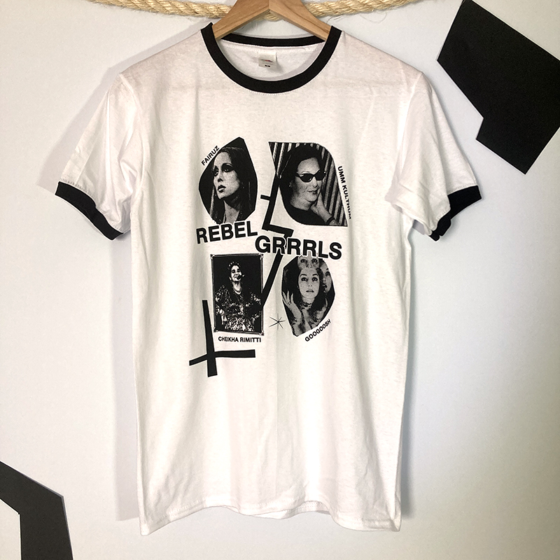 Front view of the tearjerker screen printed DIY t-shirt featuring Fairuz, Umm Kulthum, Cheikha Rimitti and Googoosh with riot grrrl anthem from Bikini Kill, Rebel Girl