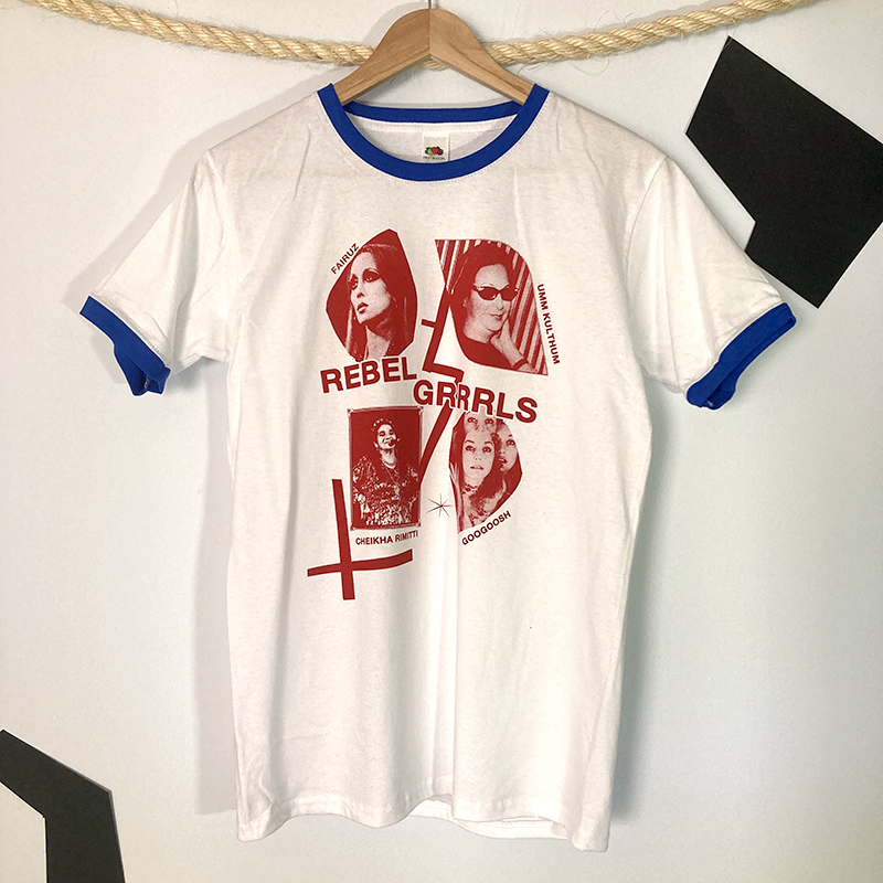 Front view of the tearjerker screen printed DIY t-shirt featuring Fairuz, Umm Kulthum, Cheikha Rimitti and Googoosh with riot grrrl anthem from Bikini Kill, Rebel Girl