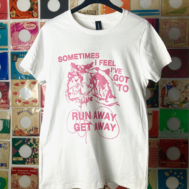Front view of the tearjerker screen printed DIY t-shirt featuring "Tainted Love", a Northern Soul anthem by Gloria Jones, covered by Soft Cell