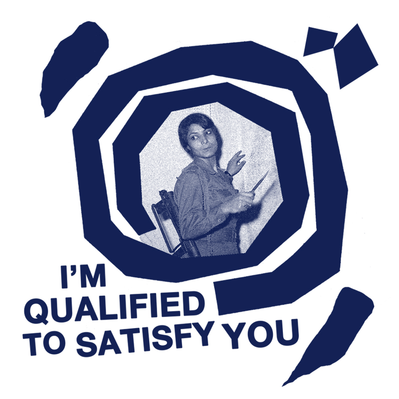 Design of the tearjerker screen printed DIY t-shirt featuring Leila Khaled, a Palestinian anti-colonial activist, with the subversion of Barry White's Disco chorus lyric "I'm Qualified to Satisfy You".