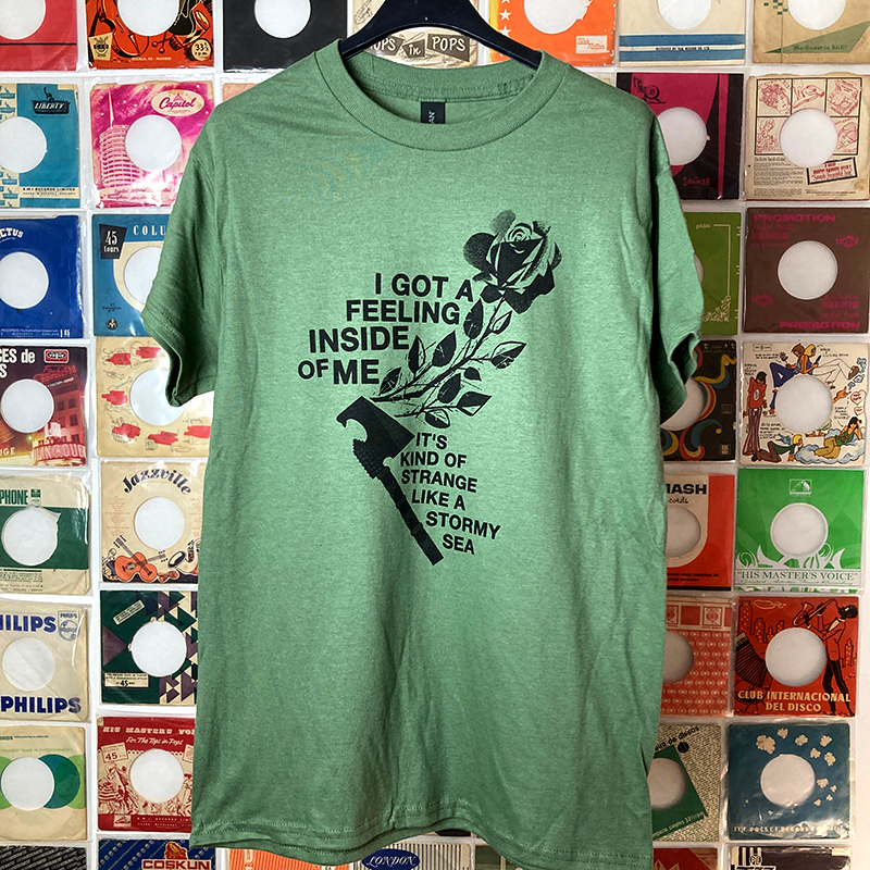 Front view of the tearjerker screen printed DIY t-shirt featuring ""New Rose"", the British 1976 punk single from chaos-progenitors The Damned